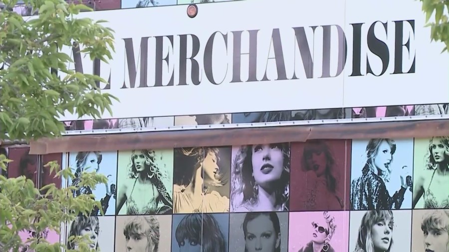 Merchandise truck for Taylor Swift's "The Eras Tour." (KTLA)