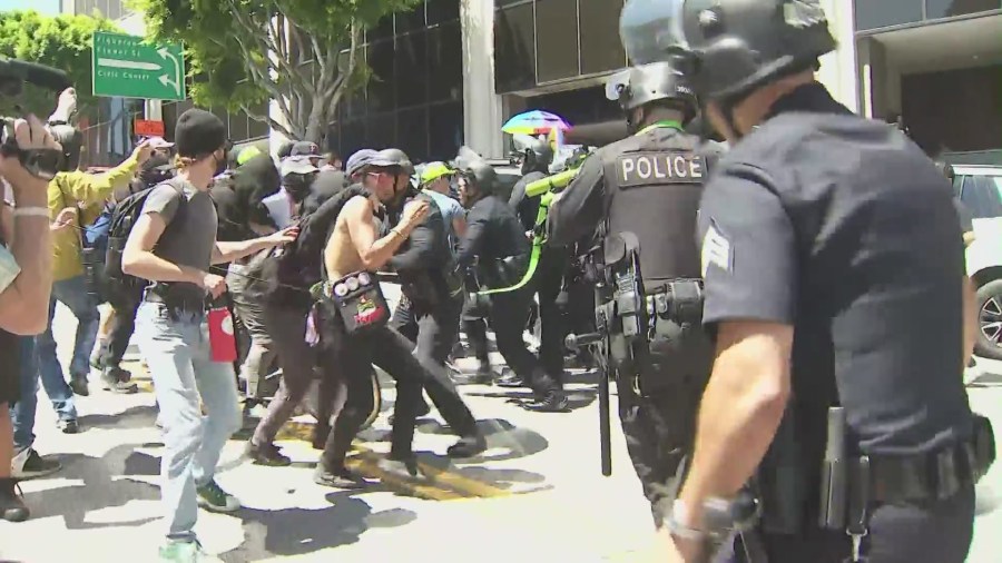 Violence erupted between a parental rights group and LGBTQ+ supporters over the call for transgender notification policies at Los Angeles public schools on August 22, 2023. (KTLA)