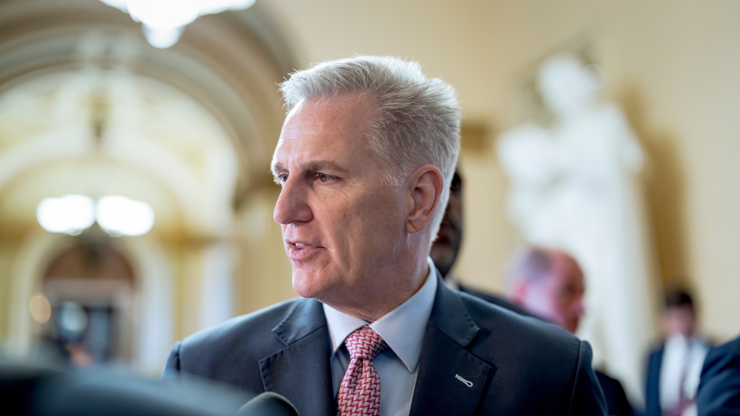 Speaker of the House Kevin McCarthy, R-Calif., walks from the chamber to his office just after House Republicans failed to advance their own defense bill for second time in a week, at the Capitol in Washington, Thursday, Sept. 21, 2023. (AP Photo/J. Scott Applewhite)