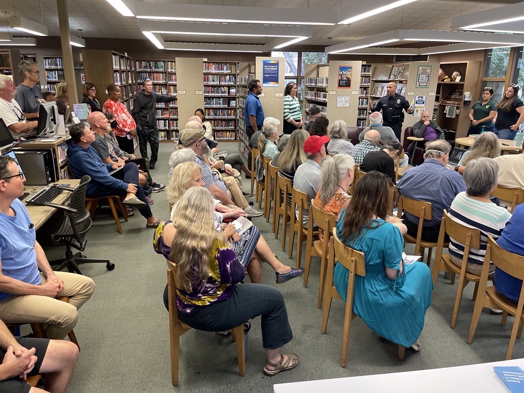 Residents met with city officials and wildlife experts at the Sierra Madre Public Library to discuss ways to approach the potential dangers of increased bear encounters on Sept. 16, 2023. (KTLA)