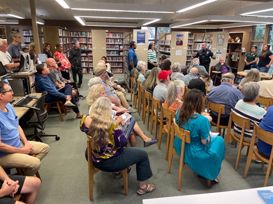 Residents met with city officials and wildlife experts at the Sierra Madre Public Library to discuss ways to approach the potential dangers of increased bear encounters on Sept. 16, 2023. (KTLA)