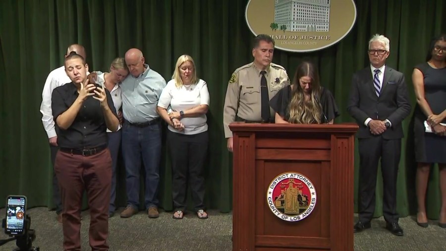 Brittany Lindsey, fiancé of slain Deputy Ryan Clinkunbroomer, speaks during a news conference on Sept. 20, 2023. (KTLA)