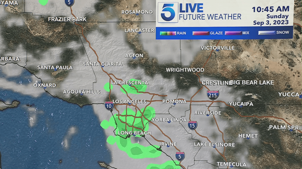 SoCal residents can expect more rainfall through Sunday, Sept. 3, 2023 this Labor Day weekend. (KTLA)