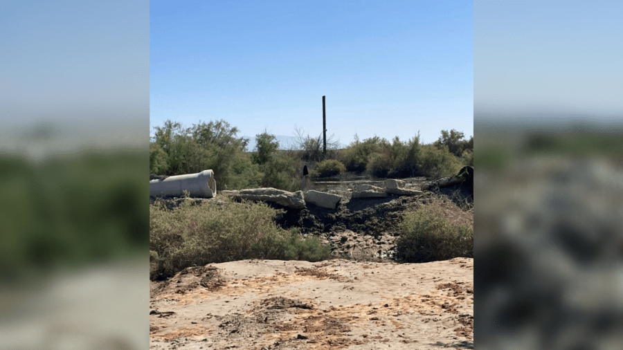 A local emergency was declared after flash flooding had caused a breach of the retaining berm at the Lawson Dumpsite on Torres Martinez tribal land near Thermal on Sept. 1, 2023. (Riverside County)