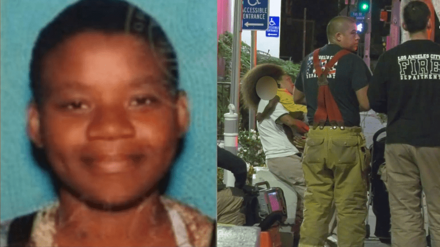 From left: Targie Alexandre in a photo from the Los Angeles Police Department. / A toddler was found abandoned in a stroller in Larchmont Village on Sept. 12, 2023. (OnScene.TV)