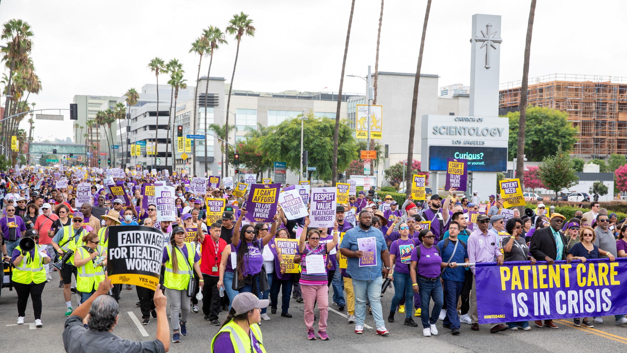 Health care workers and supporters participated in a Labor Day demonstration in Hollywood that came to a head after 23 health care workers were arrested for civil disobedience on Sept. 4, 2023. (SEIU UHW)