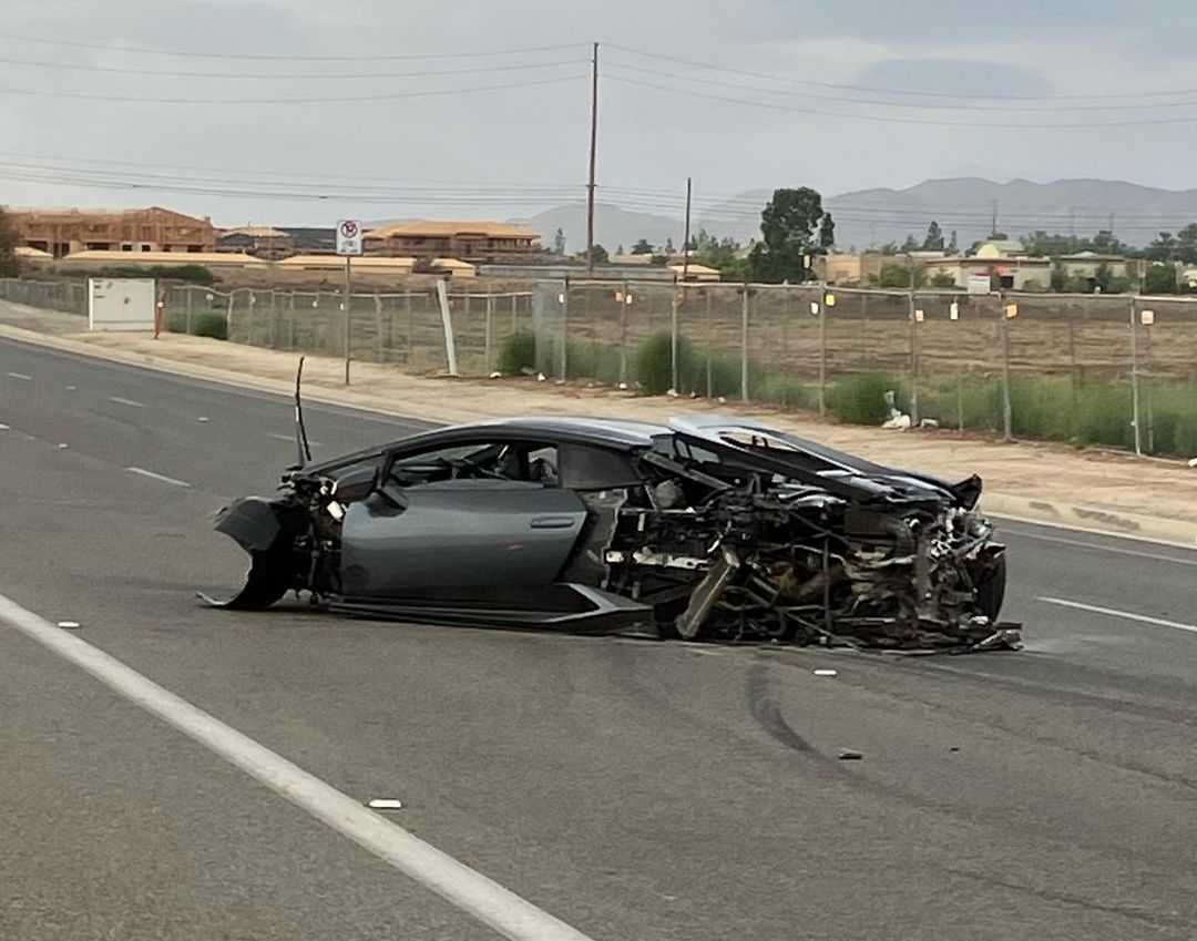 A Lamborghini Huracan sits crashed on a road in Murrieta following a crash that began as a street race on Sept. 1, 2023. (Murrieta Police Department)