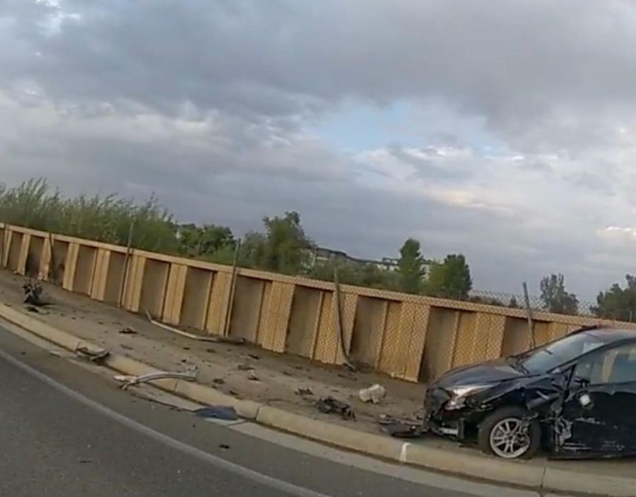 A Lamborghini Huracan sits crashed on a road in Murrieta following a crash that began as a street race on Sept. 1, 2023. (Murrieta Police Department)