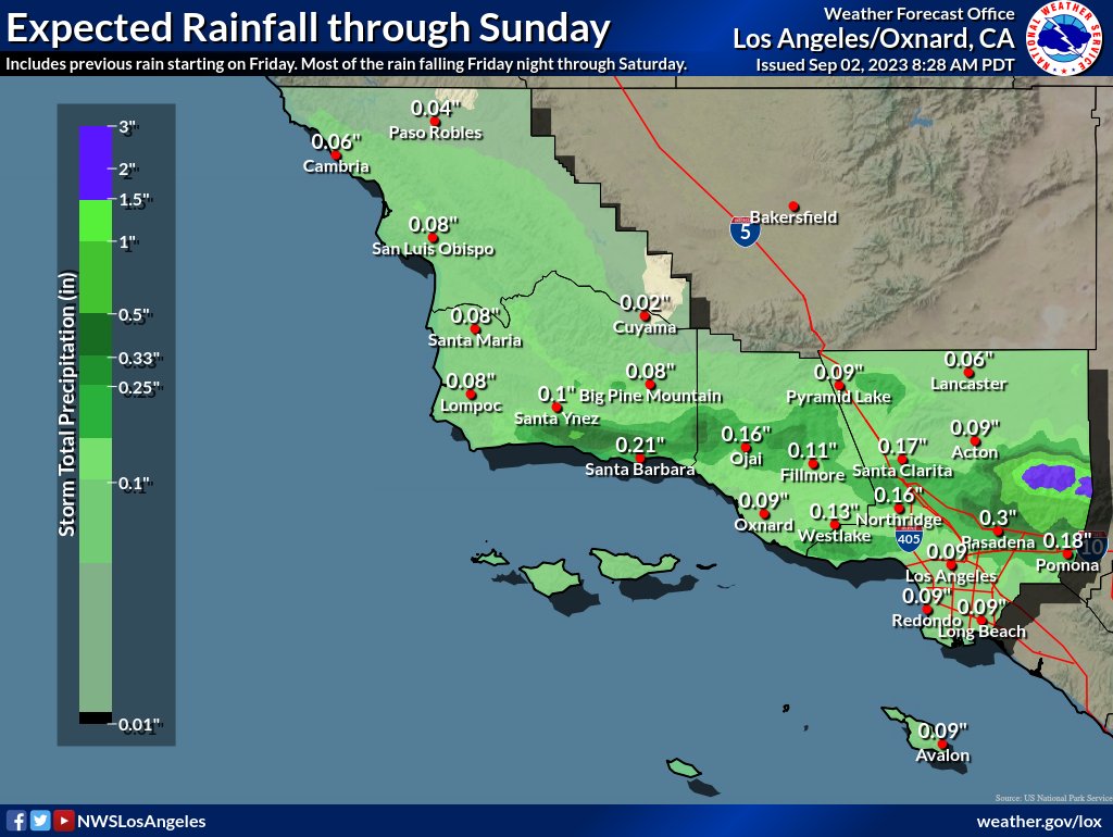 SoCal residents can expect more rainfall through Sunday, Sept. 3, 2023 this Labor Day weekend. (National Weather Service)