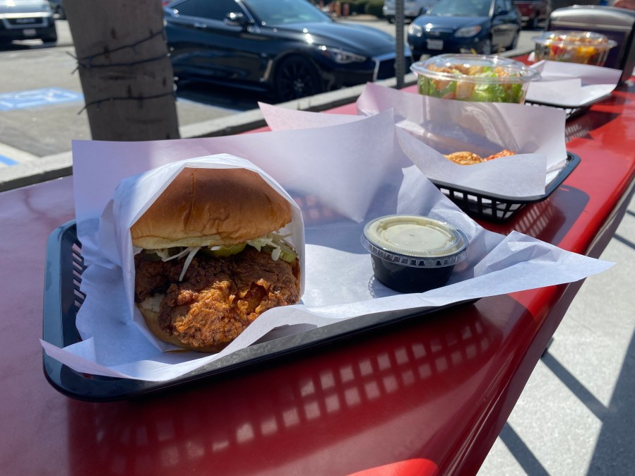 A Nashville-style hot chicken sandwich from the Skechers Food Spot in Gardena, California, is shown on Sept. 13, 2023. (KTLA)