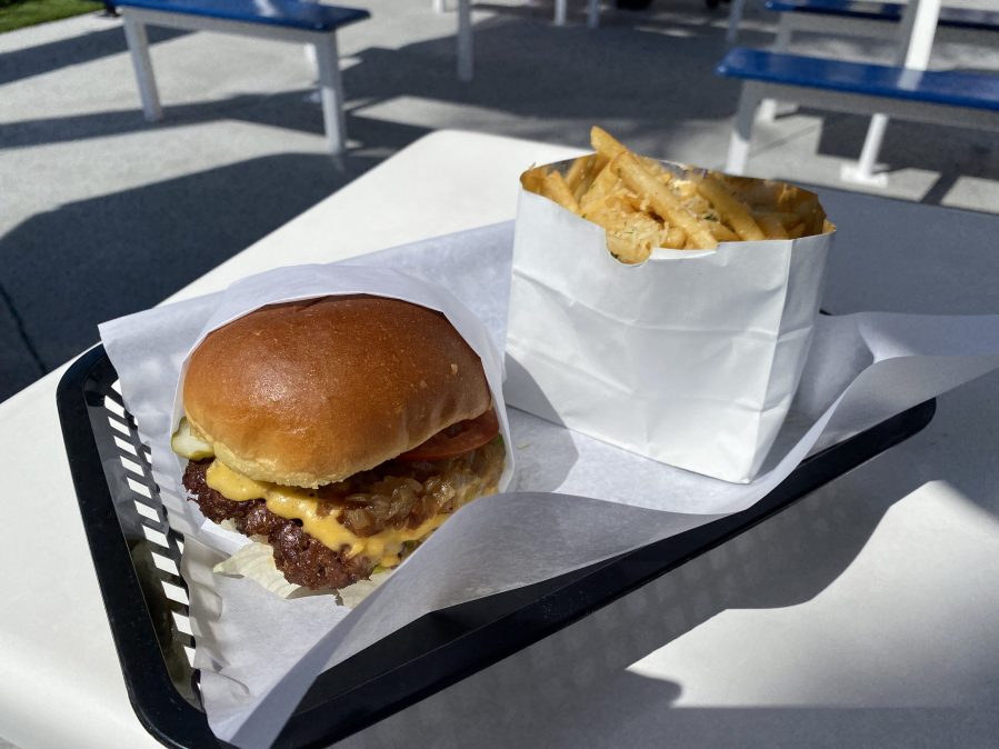 A double smashburger from the Skechers Food Spot in Gardena, California on Sept. 13, 2023. (KTLA)