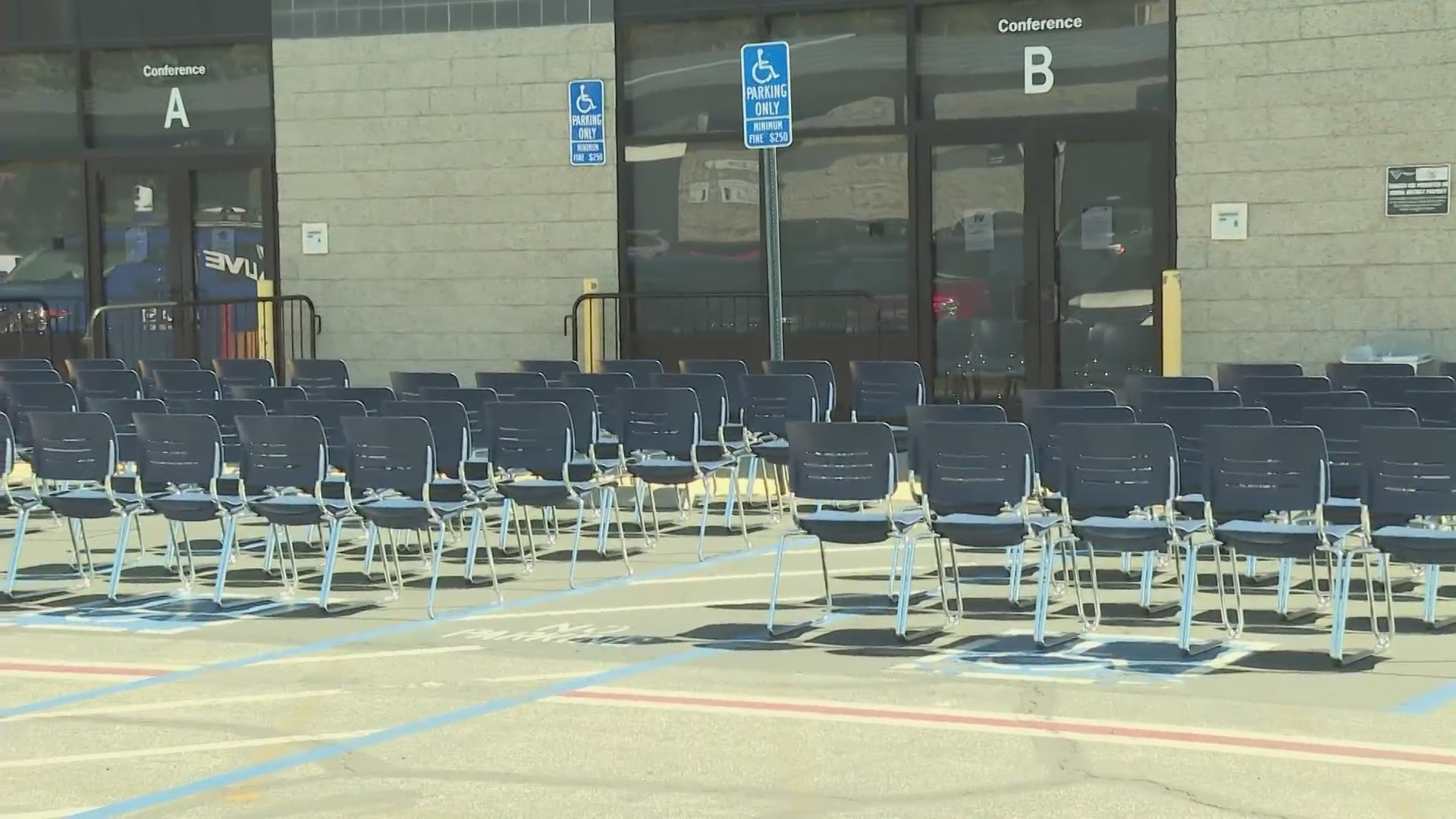 Chairs for attendees outside Temecula Valley Unified School District headquarters for a board meeting on a proposed flag-limiting policy on Sept. 12, 2023. (KTLA)