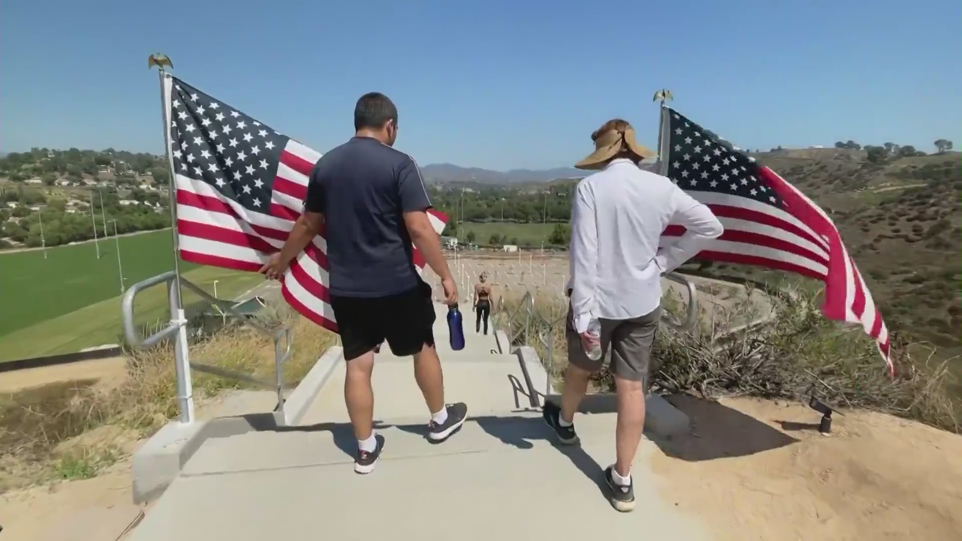 Memorial climb held for L.A. County Sheriff’s Deputy Ryan Clinkunbroomer at the Central Park stairs in Santa Clarita on Sept. 19, 2023. (KTLA)