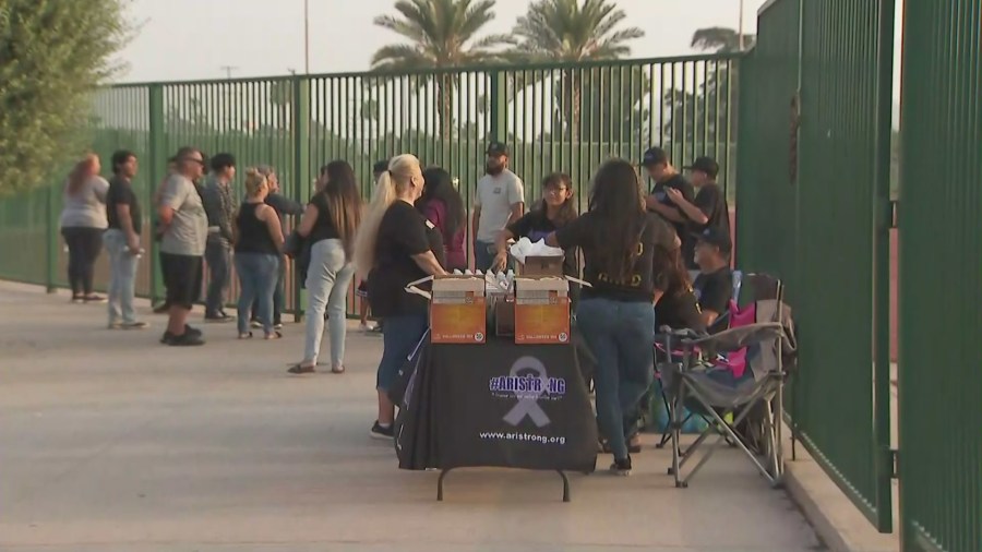 Community members and loved ones gathered for a vigil at Colton High School on Sept. 16, 2023. (KTLA)