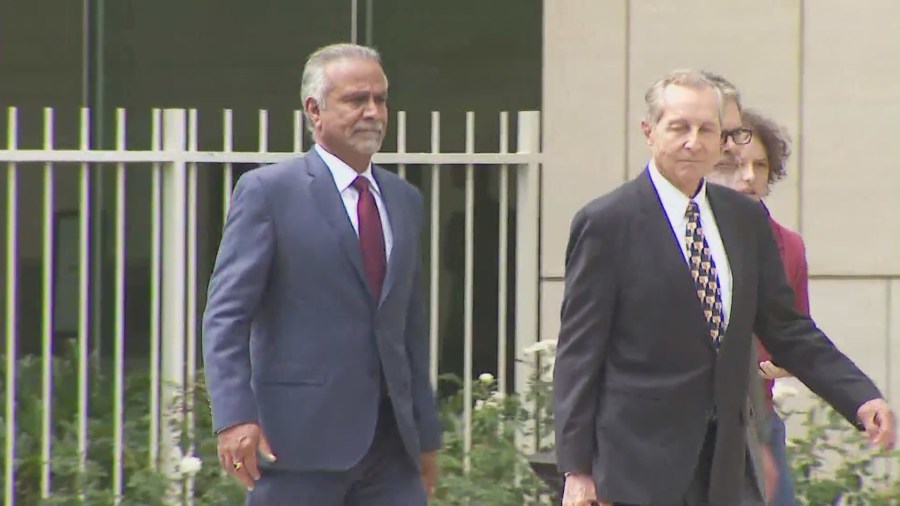 Former Anaheim mayor Harry Sidhu, 66, seen leaving a Santa Ana courthouse on Sept. 15, 2023 after pleading guilty to federal charges related to the $150 million sale of Angel Stadium. (KTLA)