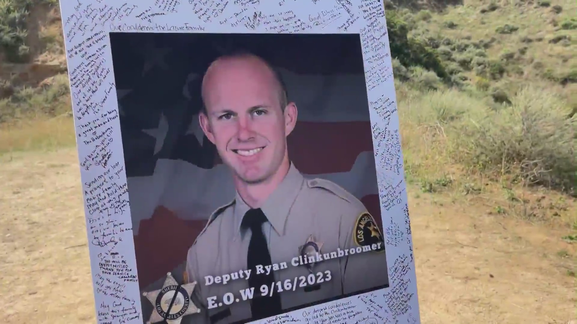 Memorial climb held for L.A. County Sheriff’s Deputy Ryan Clinkunbroomer at the Central Park stairs in Santa Clarita on Sept. 19, 2023. (KTLA)