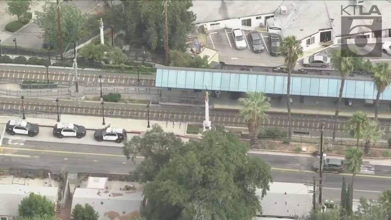 A person was hospitalized after being stabbed on a Metrolink train in Highland Park on Sept. 1, 2023. (KTLA)