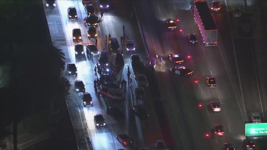 Demonstrators shut down the 101 Freeway calling attention to the ongoing crisis between Armenia and Azerbaijan on Sept. 19, 2023. (KTLA)