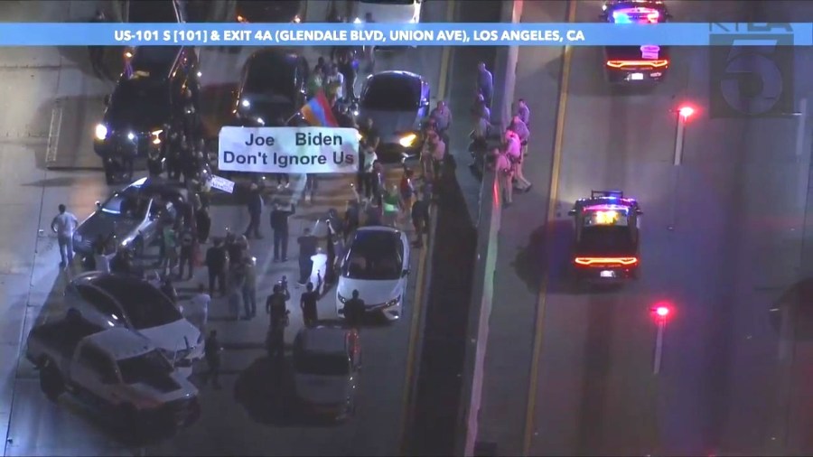 Demonstrators shut down the 101 Freeway calling attention to the ongoing crisis between Armenia and Azerbaijan on Sept. 19, 2023. (KTLA)