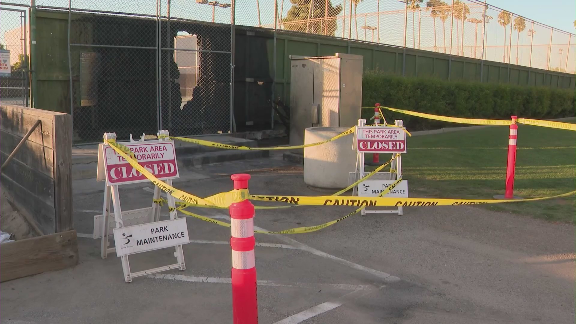 Police are investigating after a pickleball storage shed was set on fire in Santa Monica on Sept. 25, 2023, destroying thousands of dollars worth of equipment. (KTLA)