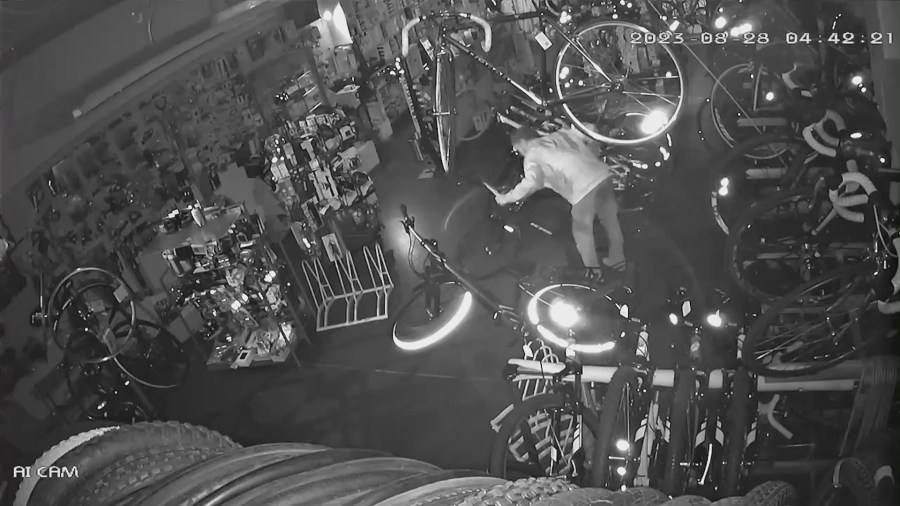 Security video captures thieves escaping with $40,000 worth of high-end bikes and accessories from Irwindale Cycles on Aug. 28, 2023. (Irwindale Cycles)