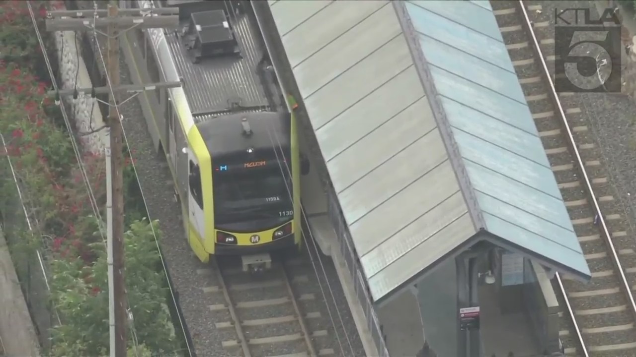 A person was hospitalized after being stabbed on a Metrolink train in Highland Park on Sept. 1, 2023. (KTLA)