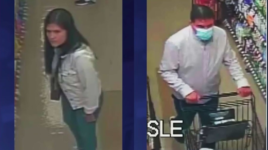 Security video of suspects targeting a woman at a Ralph’s in Irvine when she leaves her purse unattended inside her cart on Sept. 13, 2023. (Irvine Police Department)