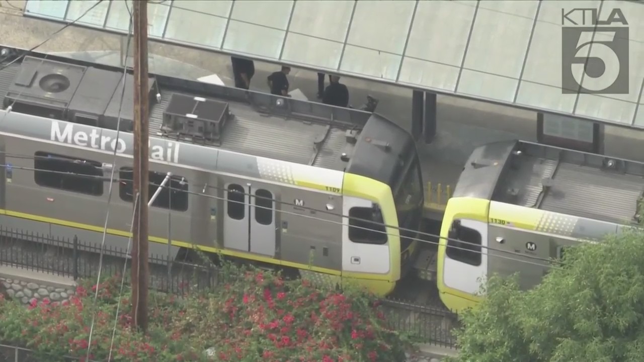 A person was hospitalized after being stabbed on a Metrolink train in Highland Park on Sept. 1, 2023. (KTLA)