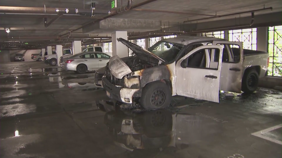 The aftermath of a truck fire inside a Long Beach apartment complex parking structure is seen on Sept. 5, 2023. (KTLA) 