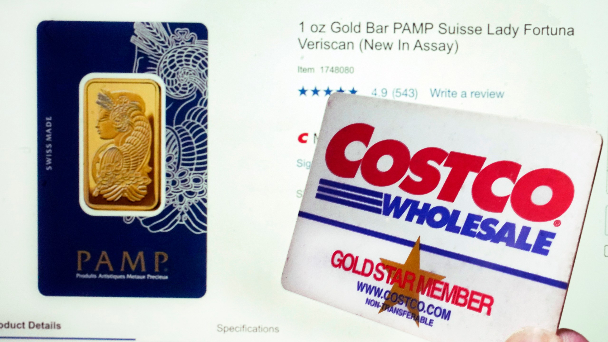 A Costco webpage featuring a one-ounce Gold Bar PAMP Suisse Lady Fortuna Veriscan, and a Costco membership card, are shown in this photo, in New York, Wednesday, Oct. 4, 2023. Costco CFO Richard Galanti said the gold bars, which are sold exclusively online, are "typically gone within a few hours" of appearing on the chain's website — adding that there's a two-bar limit per member. (AP Photo/Richard Drew)