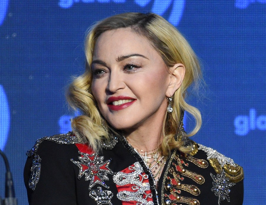 FILE - Madonna appears at the 30th annual GLAAD Media Awards in New York on May 4, 2019, in New York. Madonna kicked off her career-spanning Celebration Tour at London's O2 Arena on Saturday night, Oct. 14, 2023, marking her first performance since suffering what her manager called a “serious bacterial infection” that led to hospitalization in an intensive care unit for several days back in June. (Photo by Evan Agostini/Invision/AP, File)