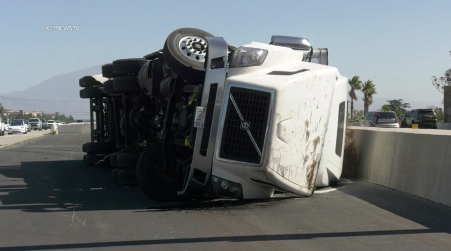 High winds overturned a semi-truck in Fontana