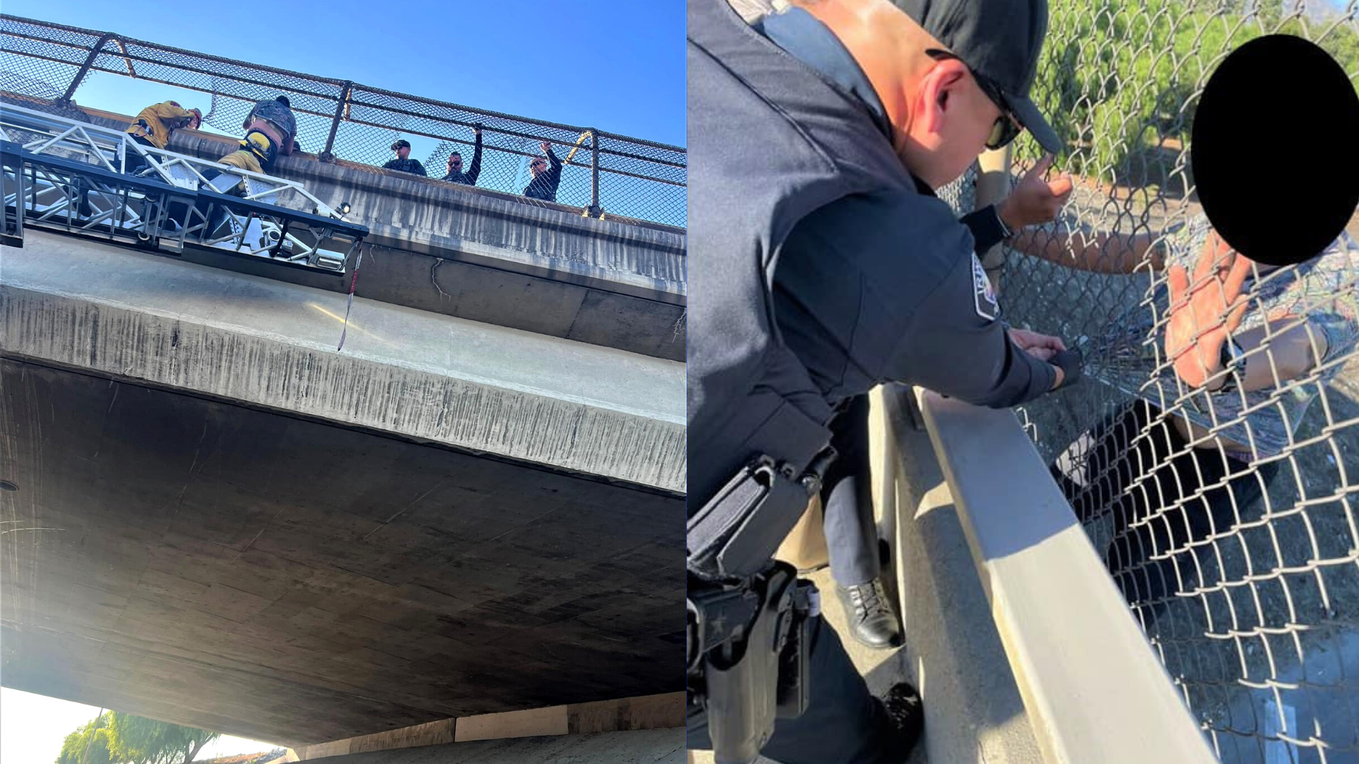 Officers rescued a man threatening to jump off an overpass on the 210 Freeway in Irwindale on Oct. 5, 2023. (Irwindale Police Department)