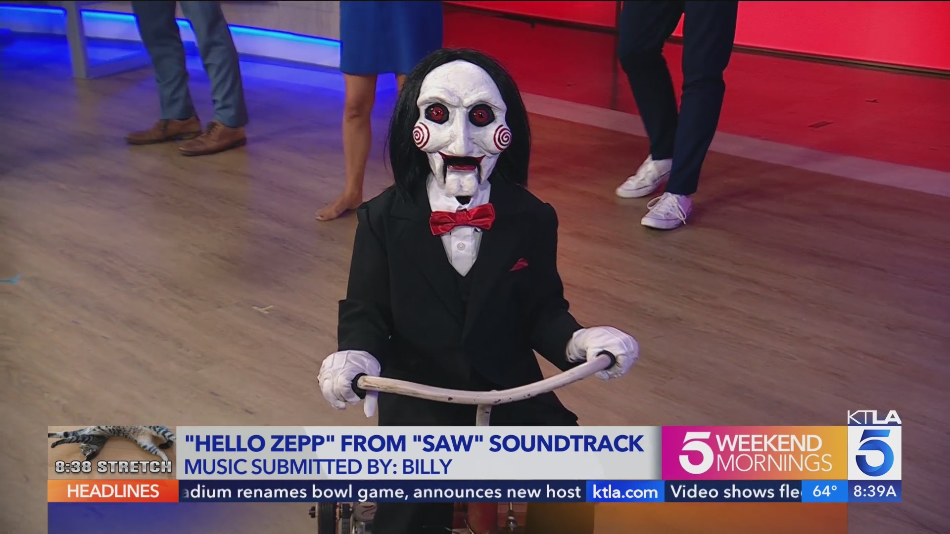 Saw X's Billy crashes the 8:38 Stretch on KTLA Weekend Morning News