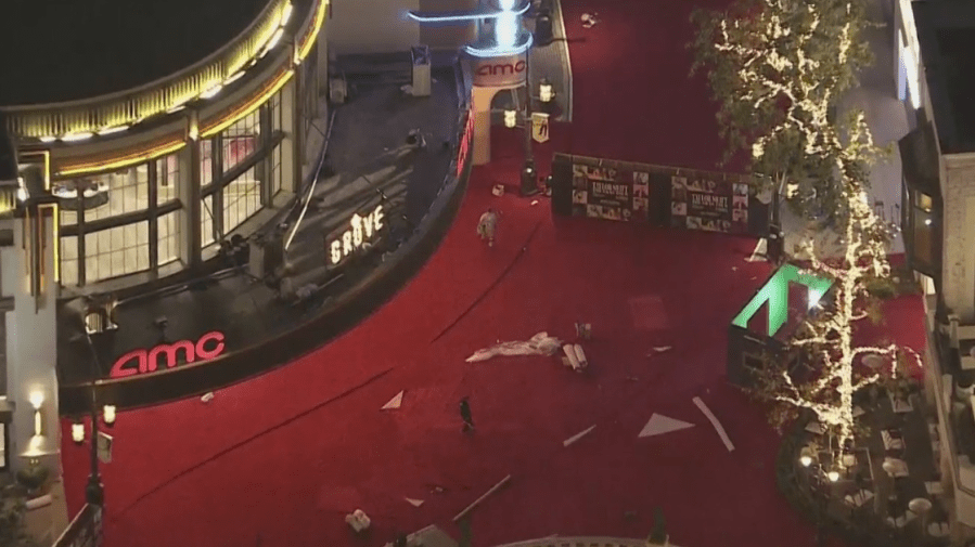 Sky 5 above The Grove for Taylor Swift's Eras Tour movie premiere