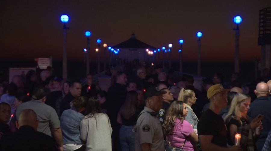 A candlelight vigil was held on Oct. 6, 2023 to honor Manhattan Beach motorcycle officer Chad Swanson who was killed in a multi-vehicle crash on the 405 Freeway in Carson. (KTLA)