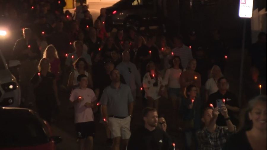 A candlelight vigil was held on Oct. 6, 2023 to honor Manhattan Beach motorcycle officer Chad Swanson who was killed in a multi-vehicle crash on the 405 Freeway in Carson. (KTLA)