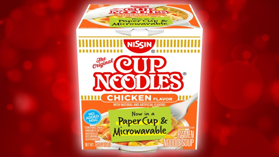 Cup Noodles will soon be sold in a paper cup made with recycled material and able to be microwaved. (Nissin Foods)