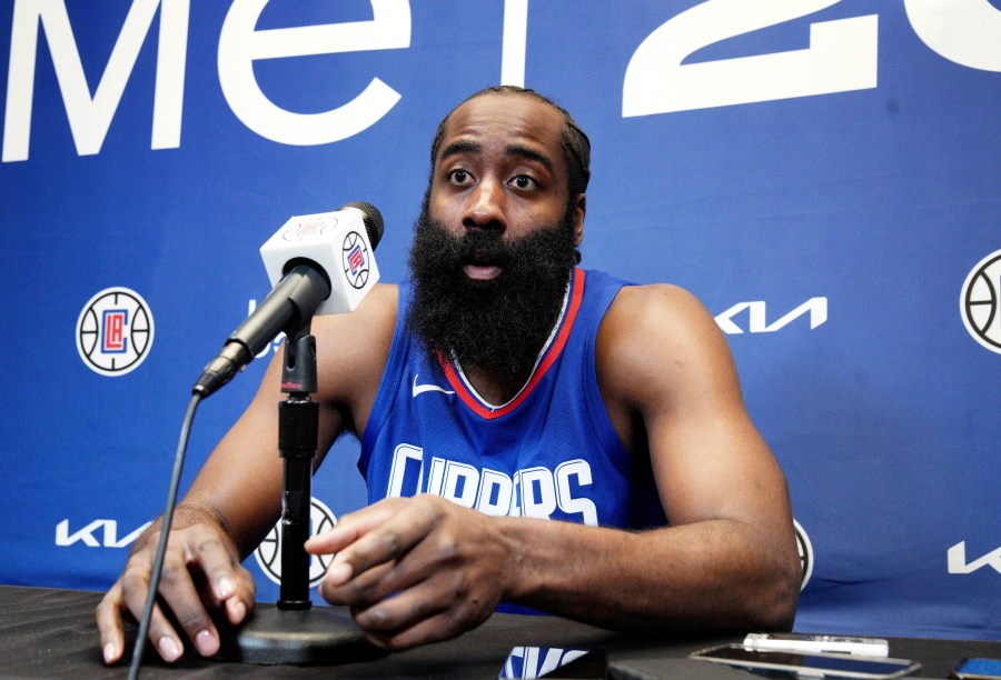 James Harden responds to a reporter's question as he is introduced as the newest member of the Los Angeles Clippers at a news conference at the NBA baketball team's training facility Thursday, Nov. 2, 2023, in Los Angeles. (AP Photo/Richard Vogel)