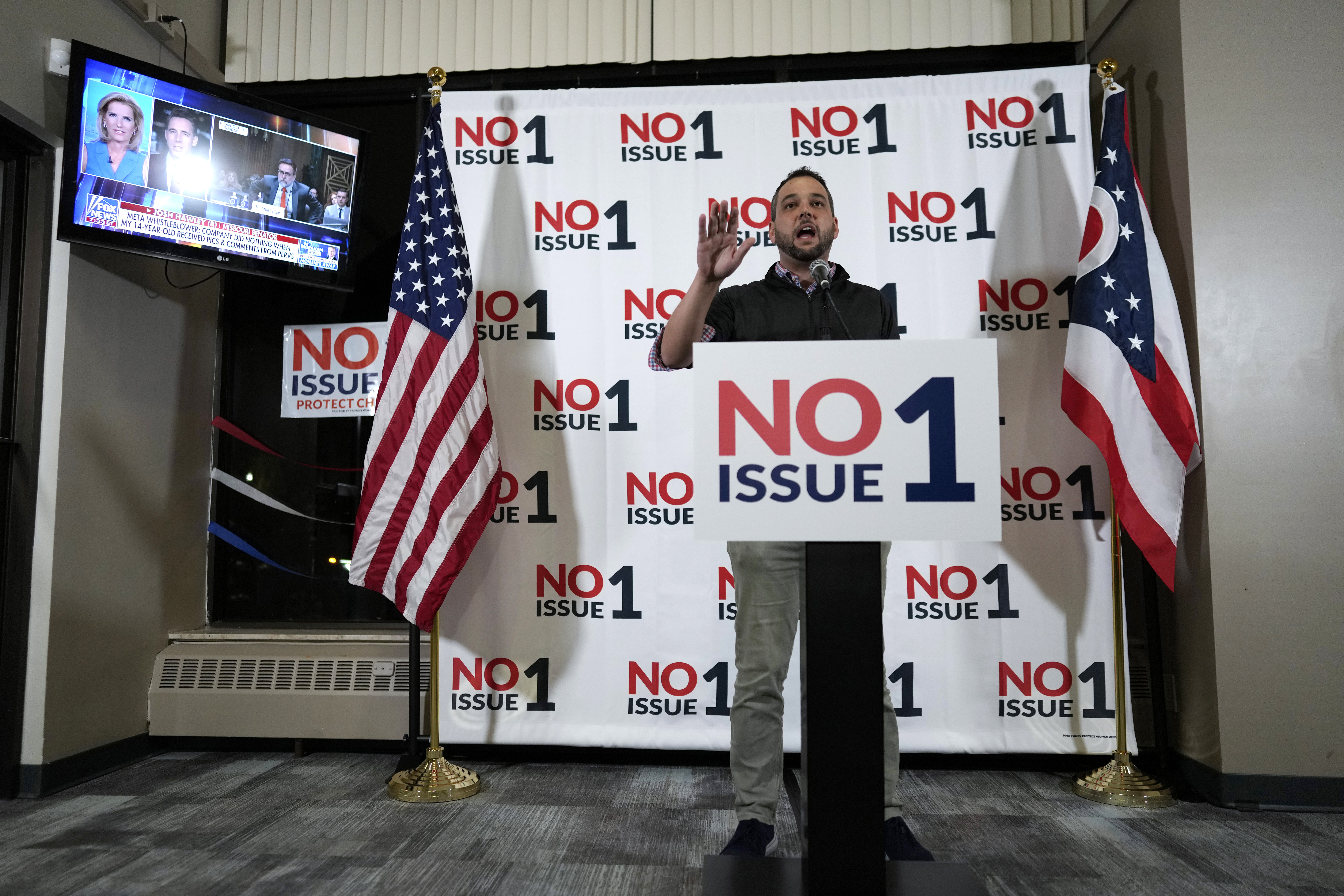 Aaron Baer President of Center for Christian Virtue speaks during a watch party for opponents of Issue 1 at the Center for Christian Virtue in Columbus, Ohio, Tuesday, Nov. 7, 2023. (AP Photo/Carolyn Kaster)