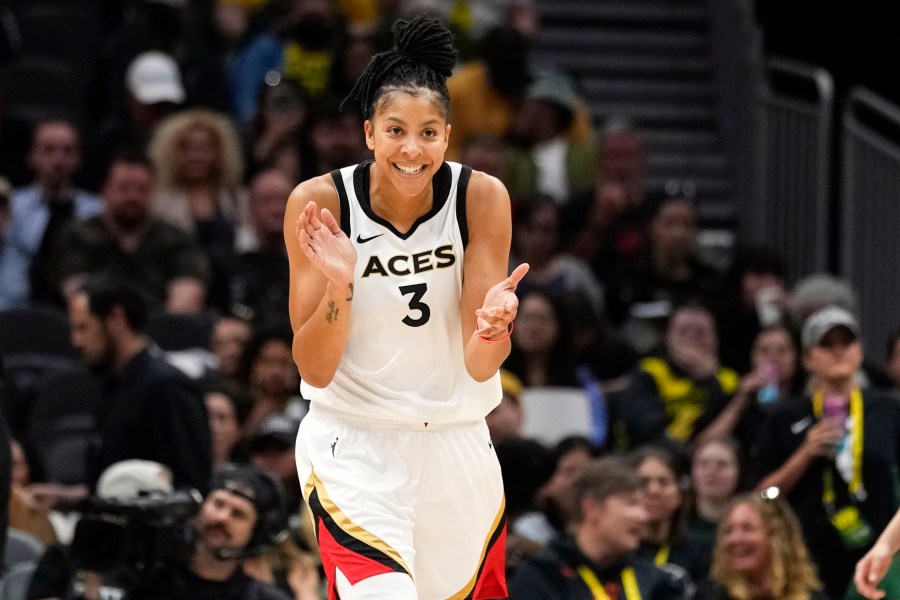 FILE - Las Vegas Aces forward Candace Parker (3) reacts during the first half of a WNBA basketball game against the Seattle Storm, Saturday, May 20, 2023, in Seattle. Parker plans on playing another season if she's healthy enough to do so. The two-time WNBA MVP missed the Las Vegas Aces run to a second straight league championship after having surgery on her left foot in late July. (AP Photo/Lindsey Wasson, File)