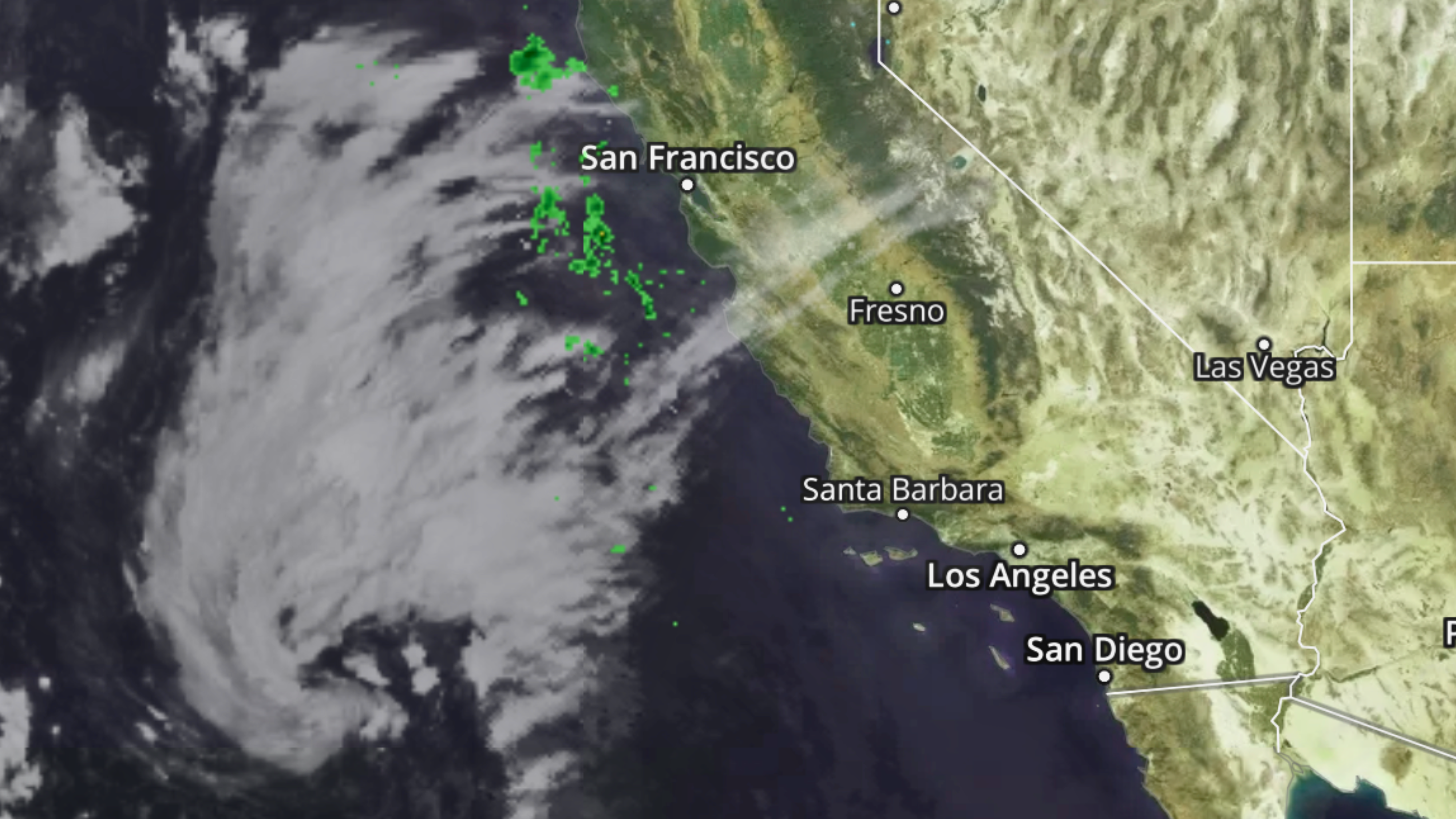 A storm system is seen off the coast of California on Nov. 17, 2023.