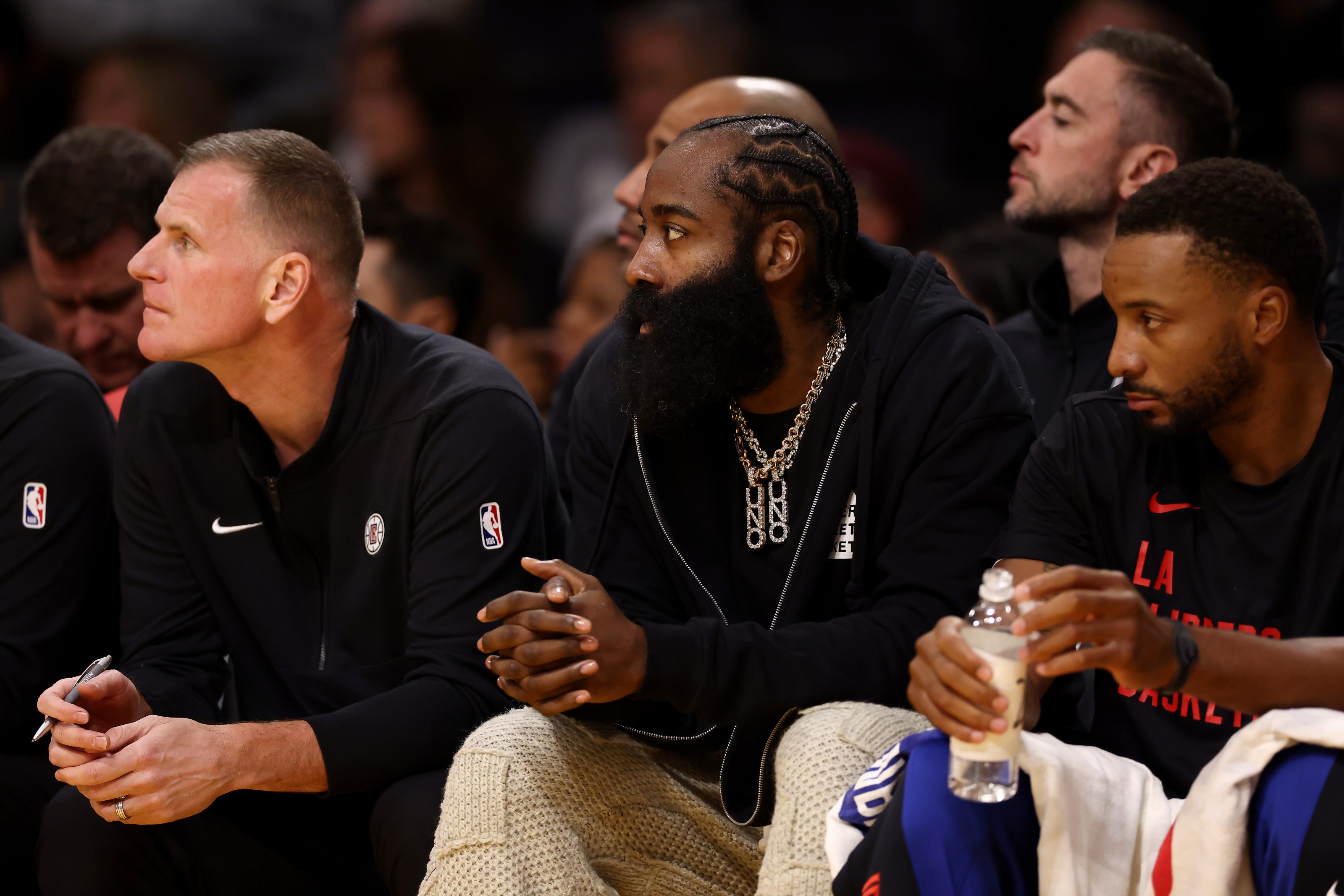 James Harden of the Los Angeles Clippers looks on from the bench during the first quarter against the Los Angeles Lakers at Crypto.com Arena on November 01, 2023 in Los Angeles, California. (Getty Images)