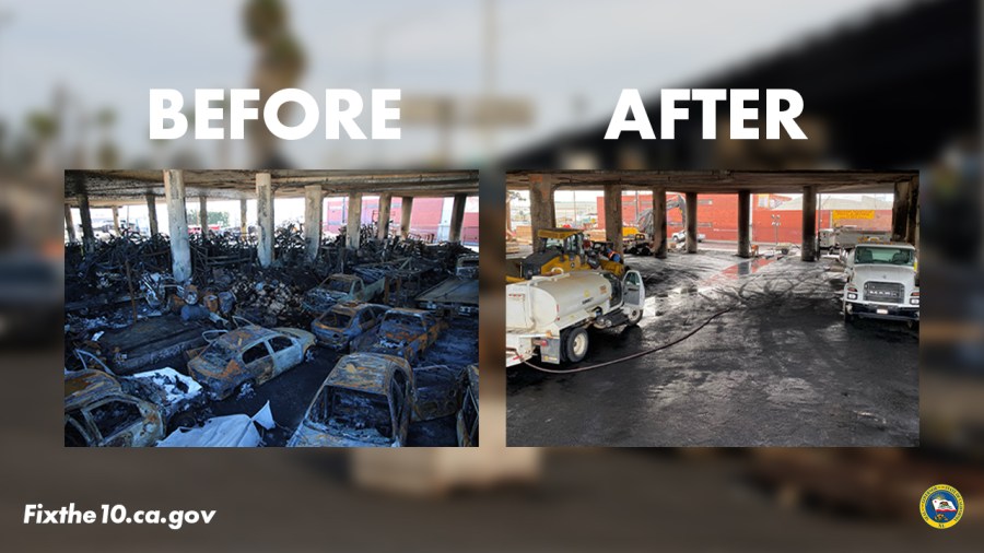 Photos shared from Gov. Gavin Newsom's Office show the cleanup progress made beneath the 10 Freeway, which was heavily damaged in a fire on Nov. 11, 2023.