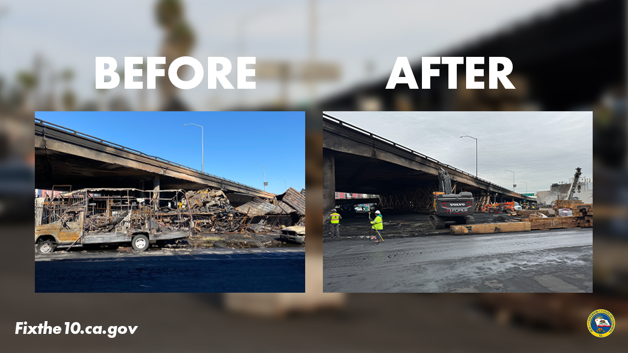Photos shared from Gov. Gavin Newsom's Office show the cleanup progress made beneath the 10 Freeway, which was heavily damaged in a fire on Nov. 11, 2023.