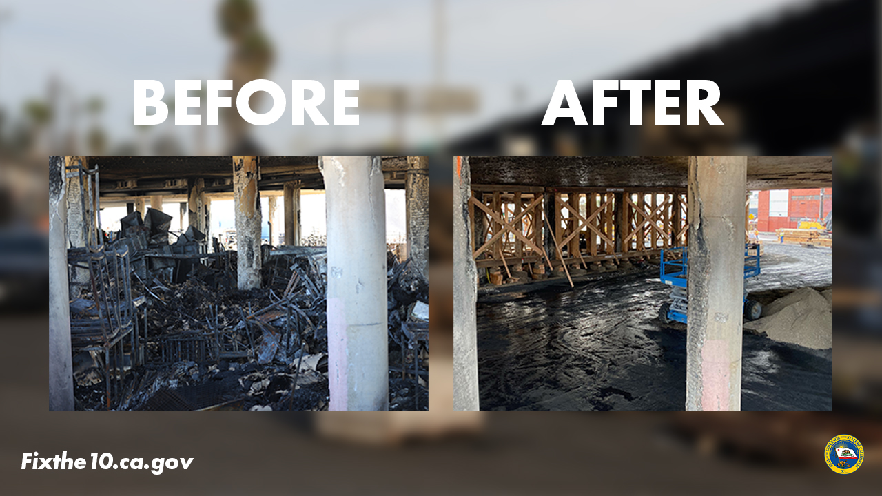 Photos shared from Gov. Gavin Newsom's Office show the cleanup progress made beneath the 10 Freeway, which was heavily damaged in a fire on Nov. 11, 2023.