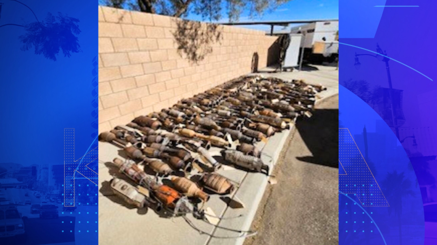 Two suspects were arrested after officers found six stolen vehicles and over 100 stolen catalytic converters inside their Victorville home on Nov. 13, 2023. (San Bernardino County Sheriff’s Department)