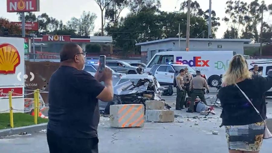 Three people were hospitalized after a pursuit ended with a destructive crash in Long Beach on Nov. 24, 2023. (Citizen)