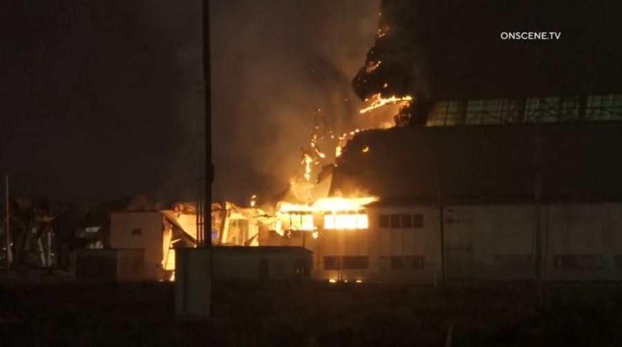 A second flare-up reignites at a historic WWII-era hangar in Tustin on Nov. 14, 2023. (OnScene.TV)