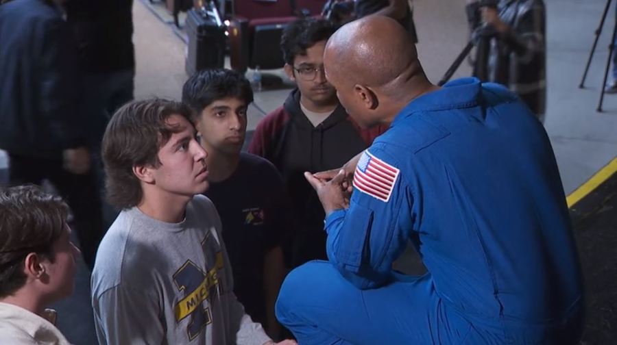 NASA astronaut Victor Glover speaks to students at Ontario High School on Nov. 17, 2023. (KTLA)